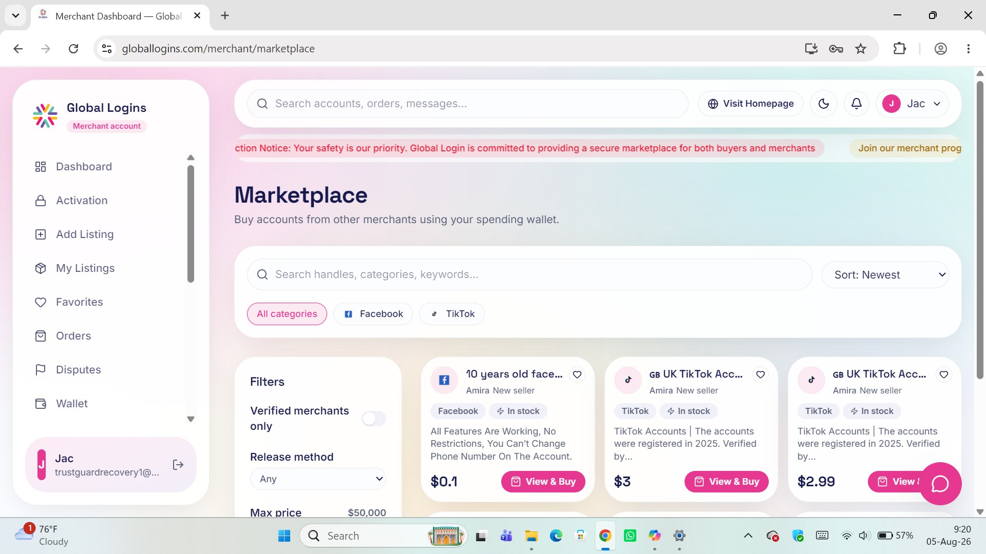 Global Logins merchant marketplace dashboard